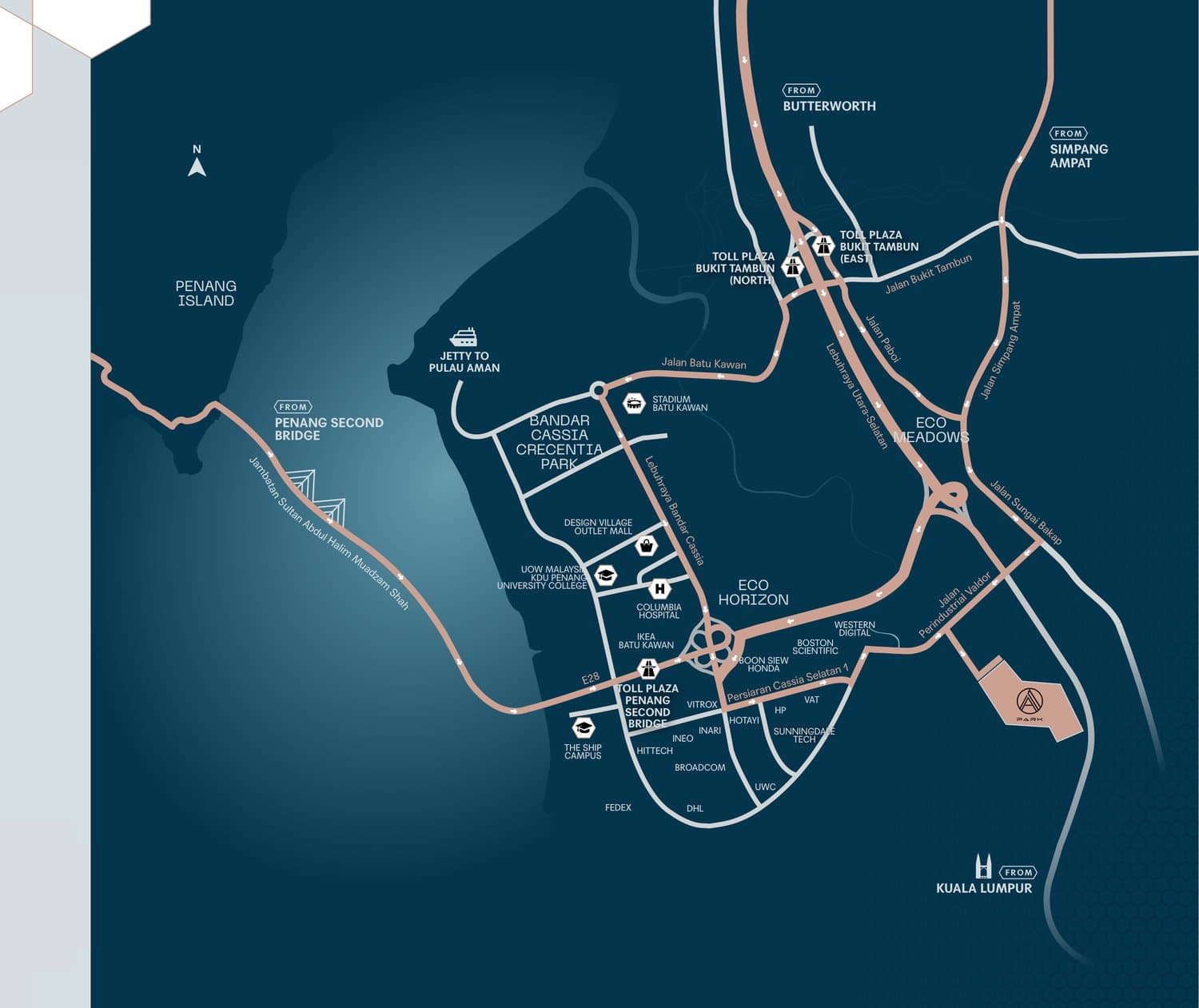 Location map of A-Park @ Batu Kawan East showing access to the Penang Second Bridge, North-South Expressway and Penang International Airport