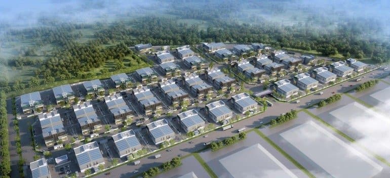 Wide aerial perspective of Ideal Business Hub factories with solar-ready roofing at Bertam, Penang