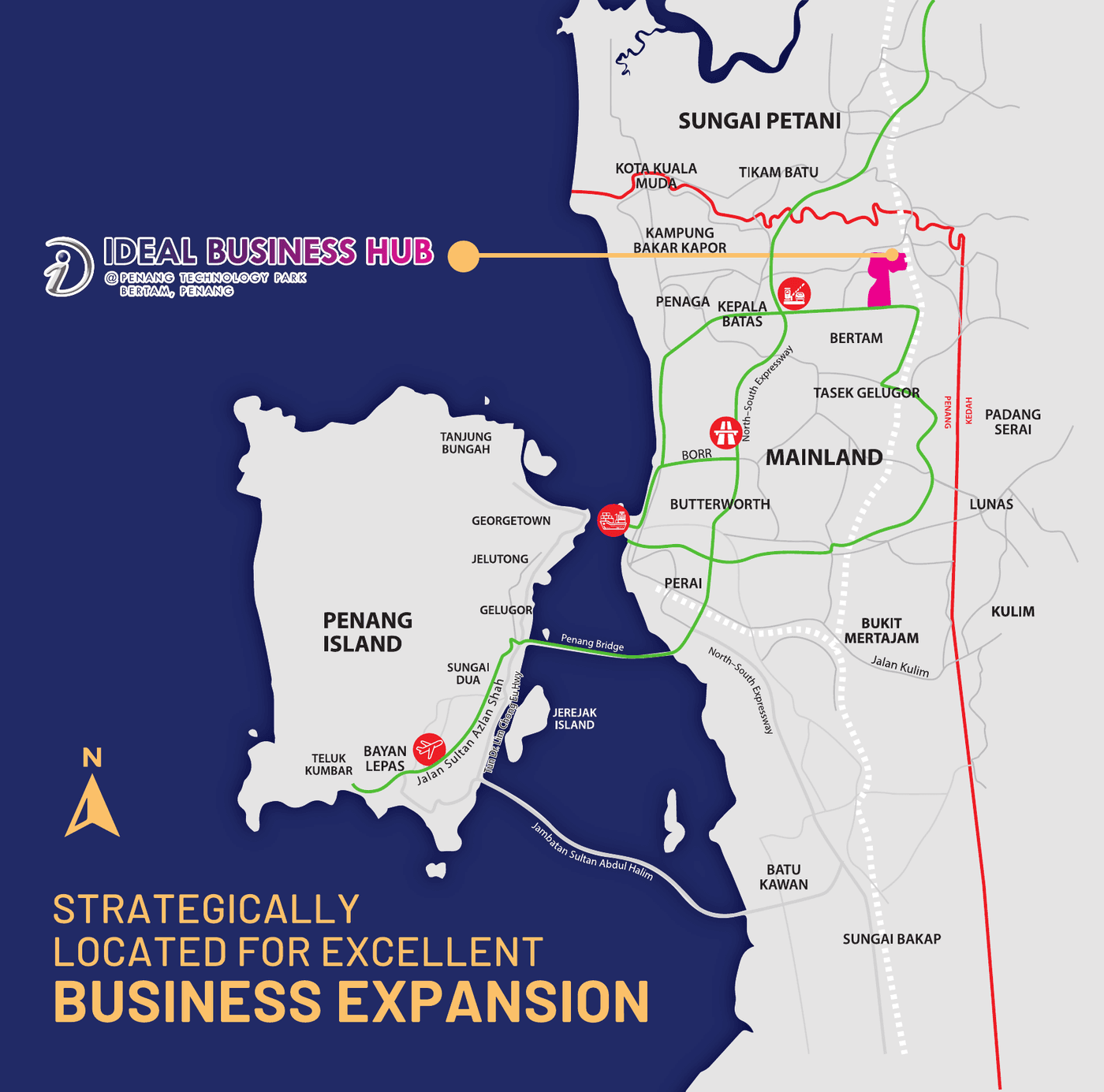Location map of Ideal Business Hub in Bertam showing access to the North-South Expressway, Penang Port and Penang International Airport