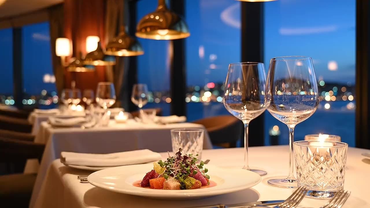 A fine dining room in the podium. Lifestyle illustration.