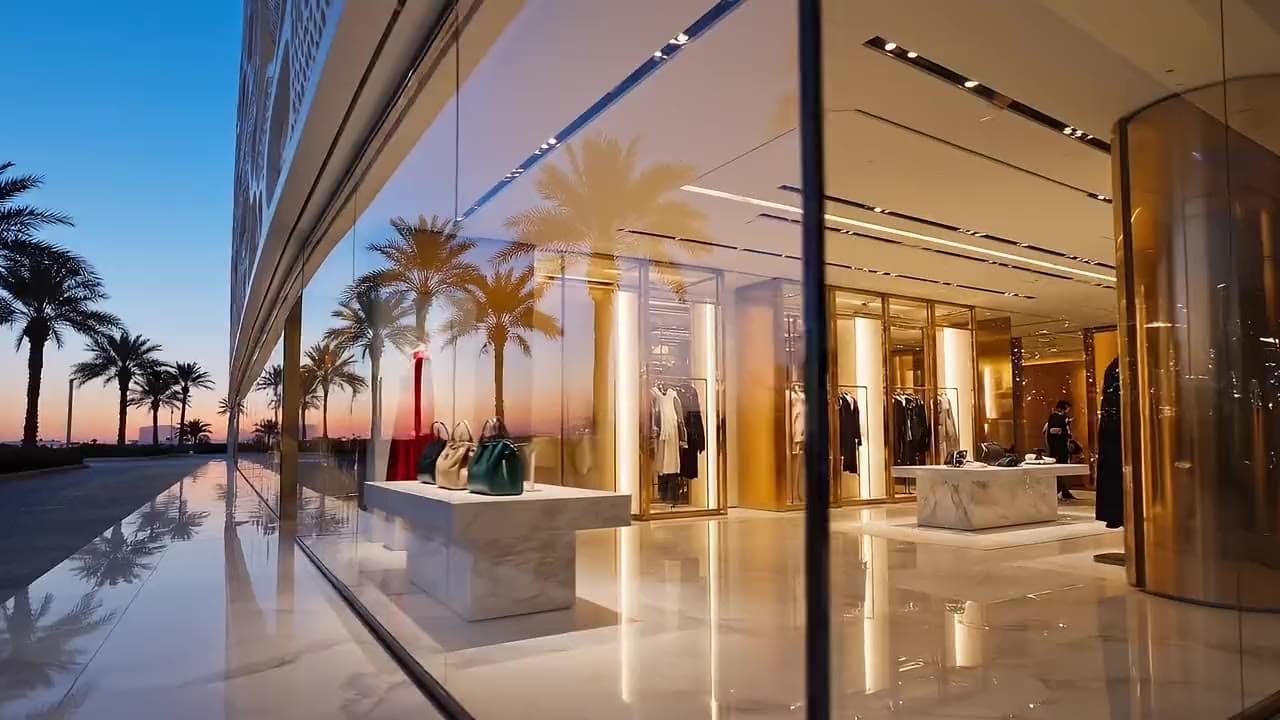 A luxury retail frontage in the podium. Lifestyle illustration.